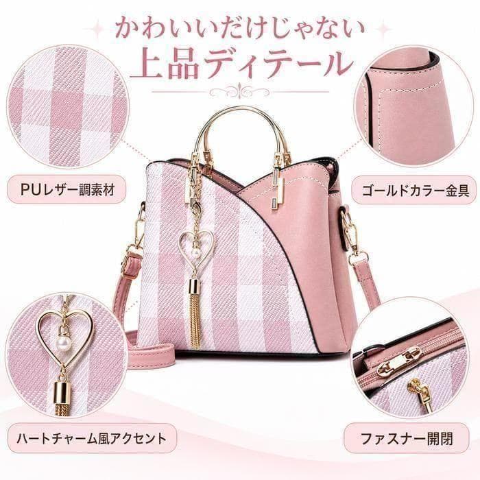 2WAY ピンク ハンドバッグ ショルダー レザー 淡色 韓国風 チェック柄 — image 4