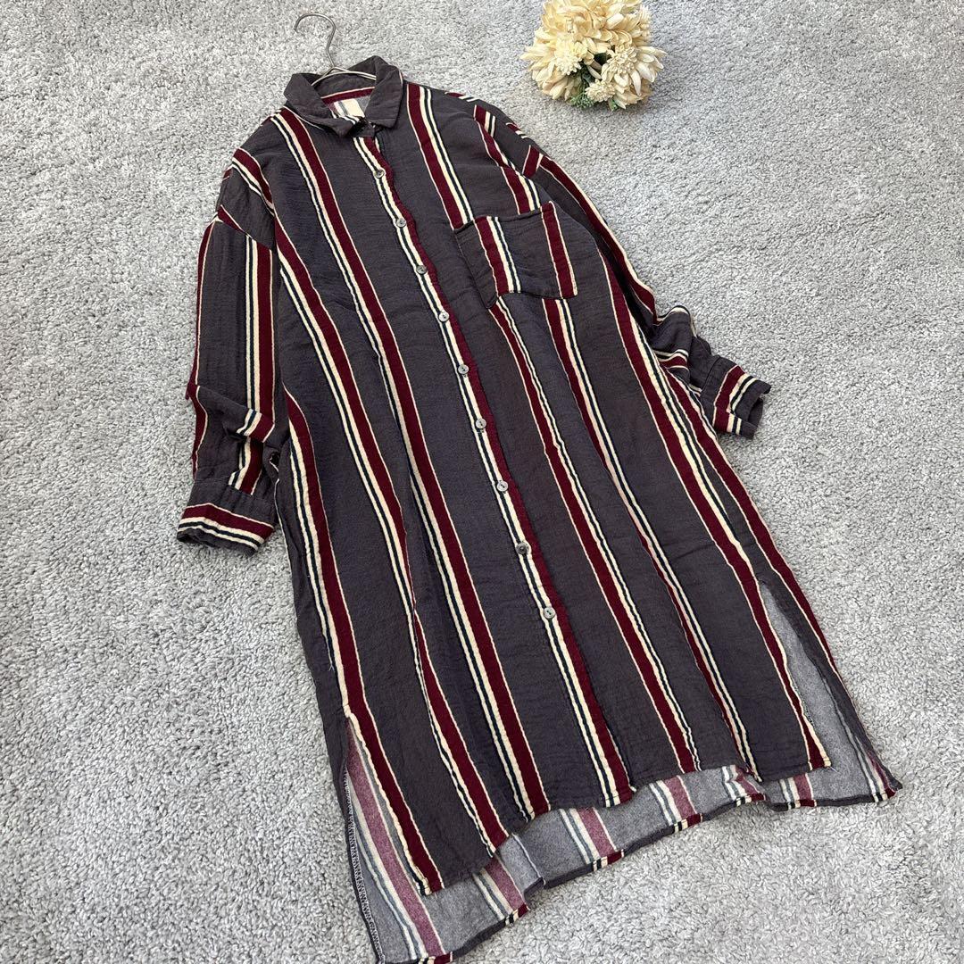 キュー　ストライプロングシャツワンピース　コットン100% ダークグレー — image 2