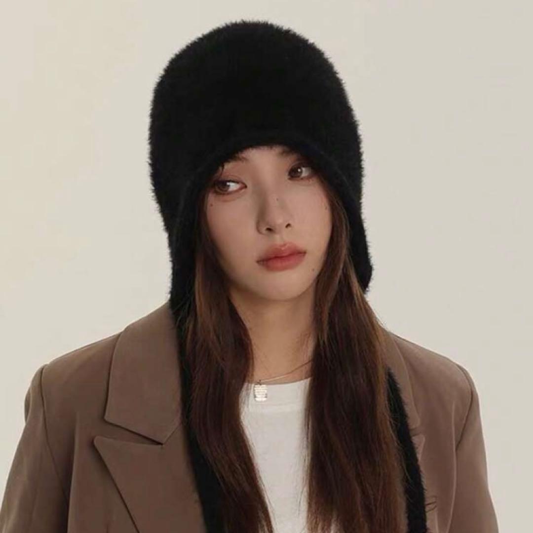 韓国 ニット帽 レディース ブラック 紐付き — image 2