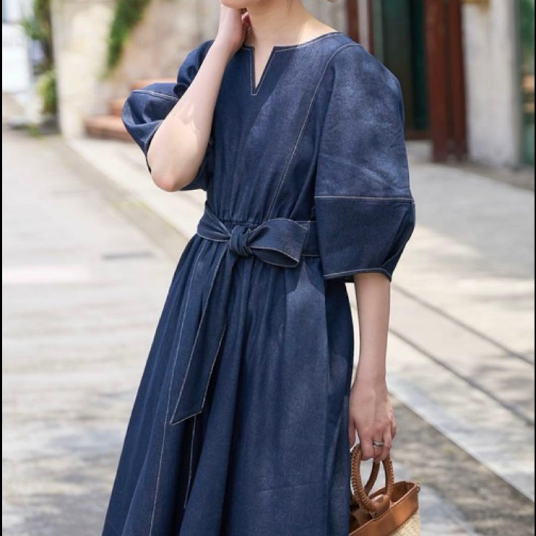 natural couture ランタンスリーブワンピース　デニム インディゴ — image 4