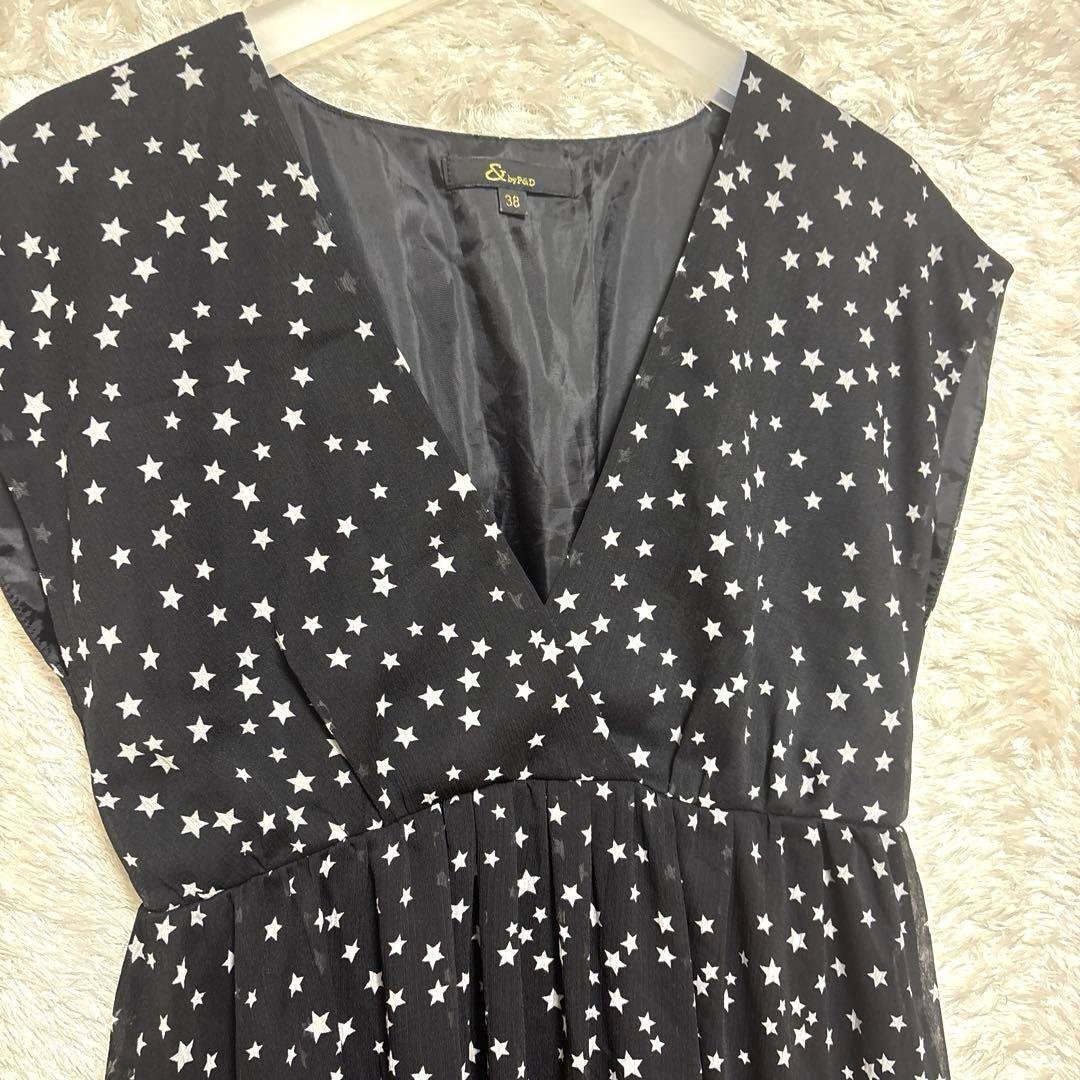 &byP&D スター柄 Vネックロングワンピース ブラック フレンチスリーブ — image 2