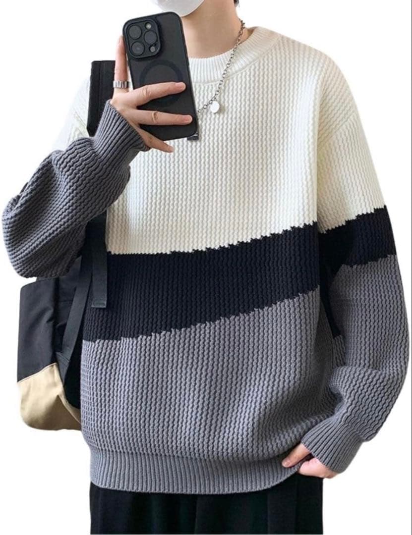wolass セーター メンズ 冬服 ニット カラーマッチング 無地 XL — image 2