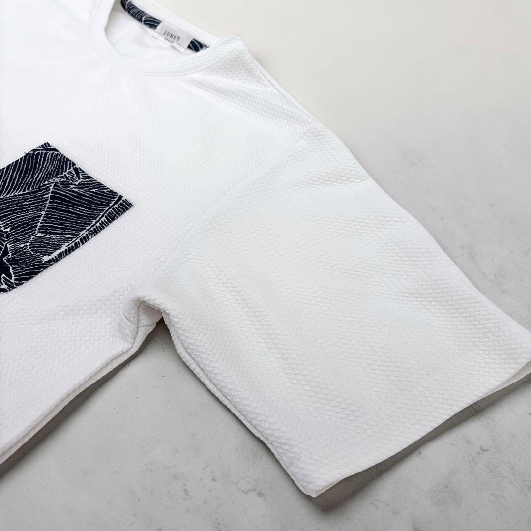 JUNRED ウェーブワッフルポケット Tシャツ ホワイト ボタニカル柄ポケット — image 4