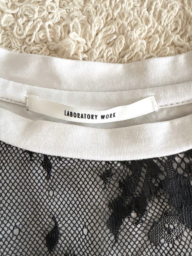 LABORATORY WORK レース デザイン 半袖 Tシャツ レーヨン混 M — image 3