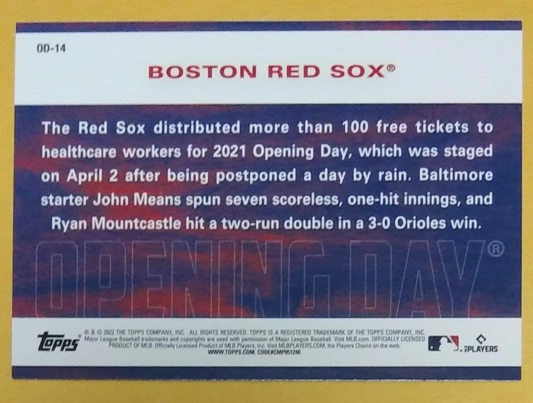 2022 topps BASEBALL OPENING DAY RED SOX — image 2