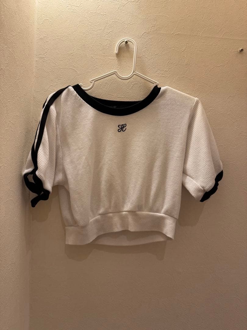 Heather ワッフル素材 クロップド丈 Tシャツ 半袖 ホワイト — image 3