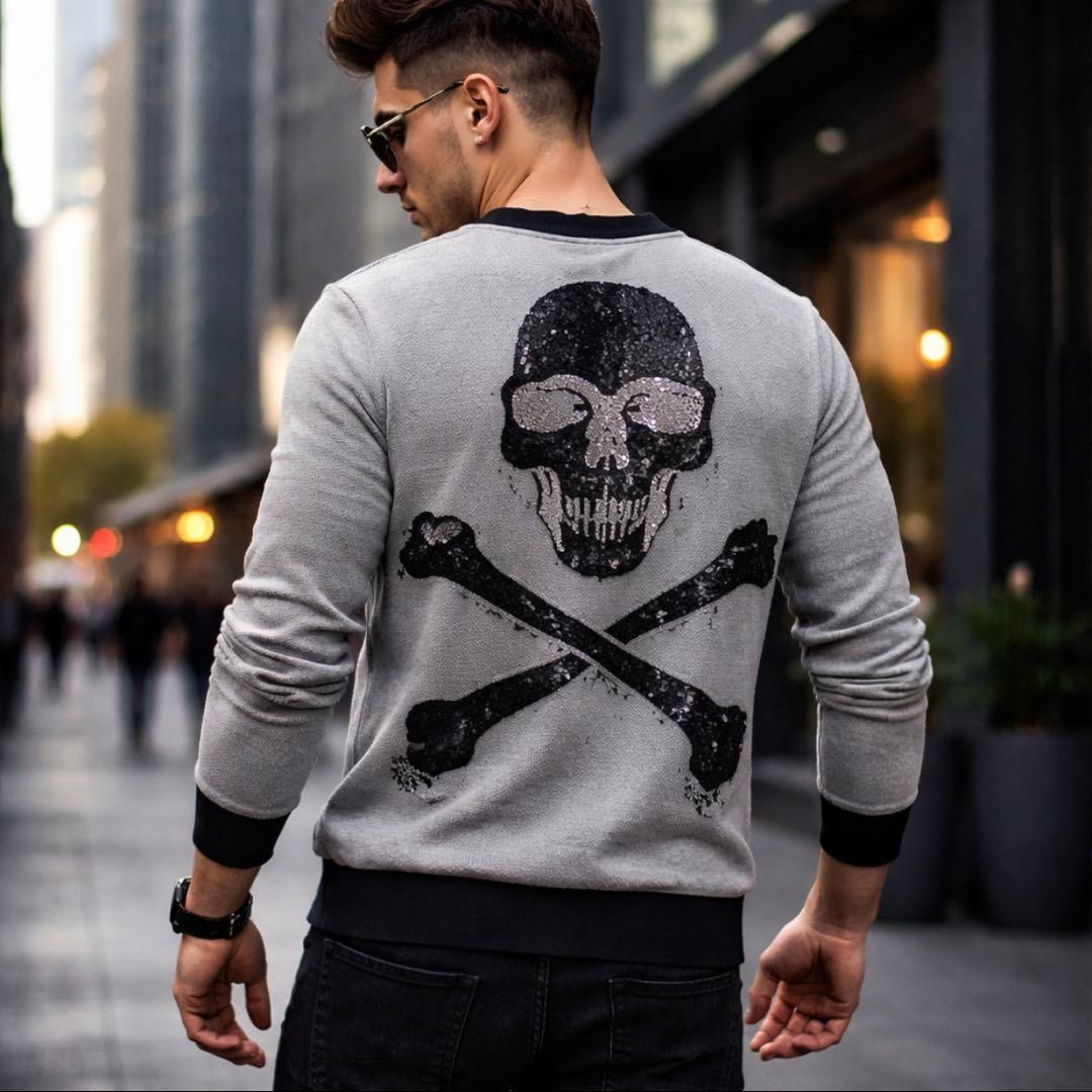 PHILIPP PLEIN スカル コットンニット S グレー×黒 レザー入り — image 2