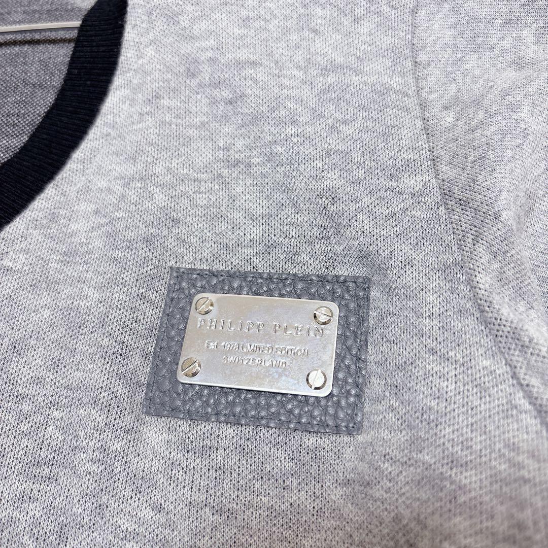 PHILIPP PLEIN スカル コットンニット S グレー×黒 レザー入り — image 4