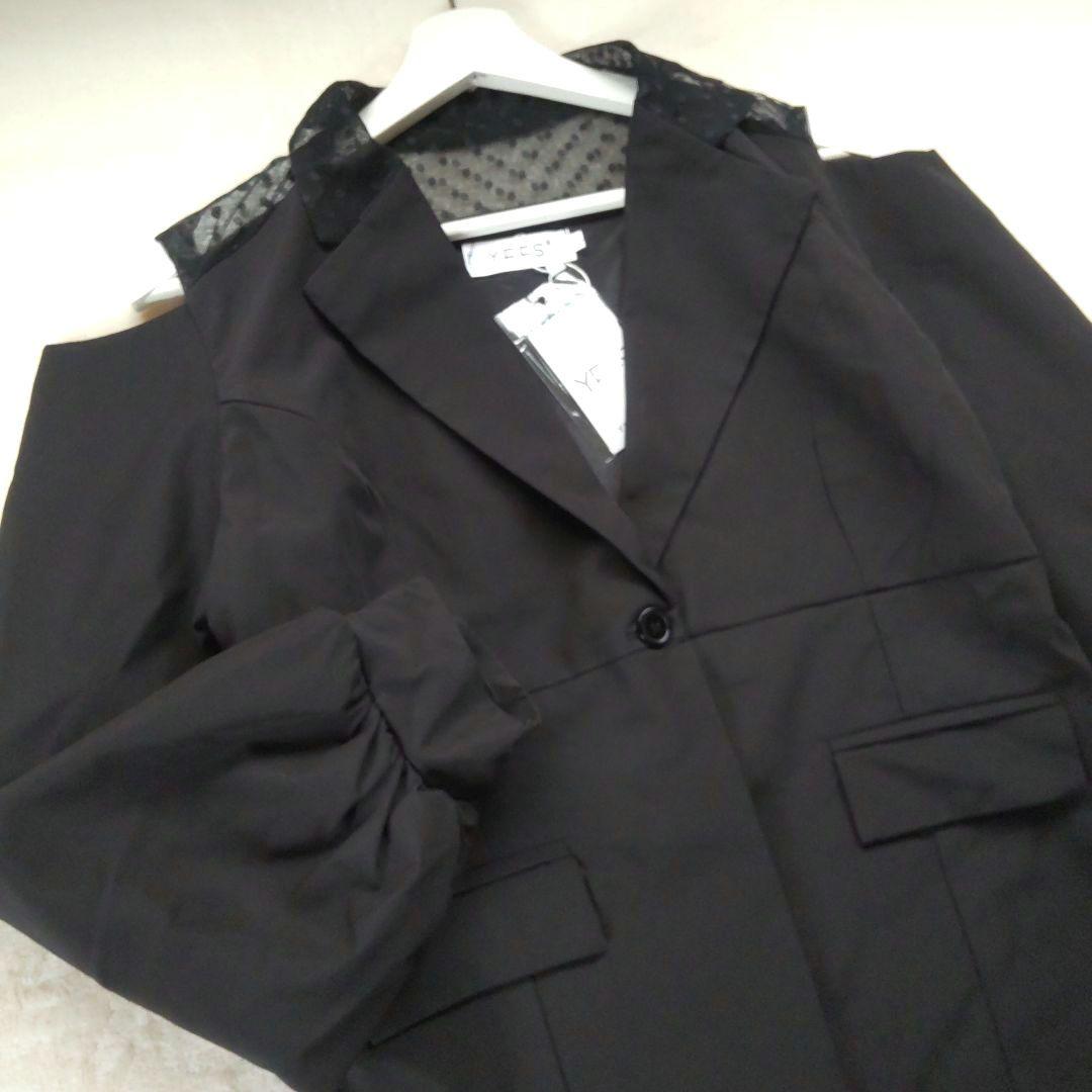 【新品】YFFS 肩開きドットレーステーラードジャケット オフショルダー 黒 — image 2
