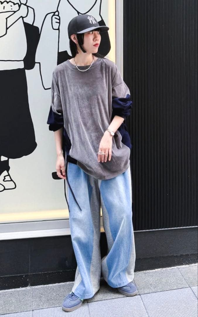 ニコアンド　チュールベロアルーズプルオーバー　グレー✖️ネイビー — image 4