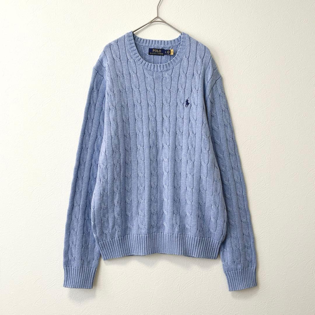 【ポロラルフローレン】ケーブルニット コットン クルーネックセーター/美品/水色 — image 2