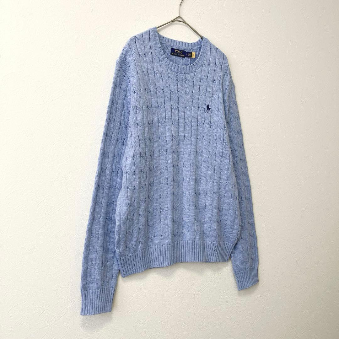 【ポロラルフローレン】ケーブルニット コットン クルーネックセーター/美品/水色 — image 3
