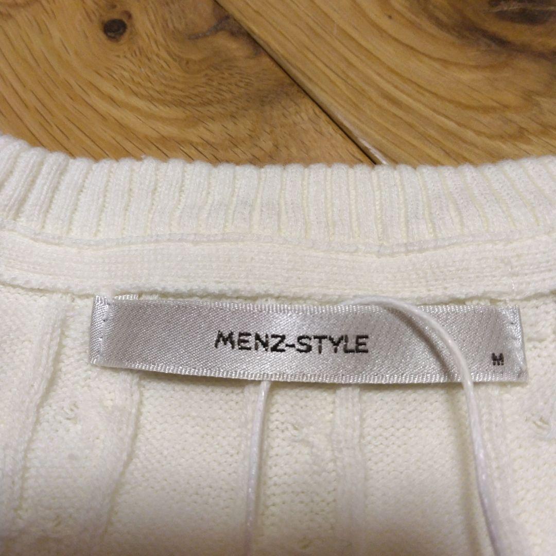 【新品未使用】 MENZ-STYLE Vネック半袖ニット M ホワイト綿100% — image 3