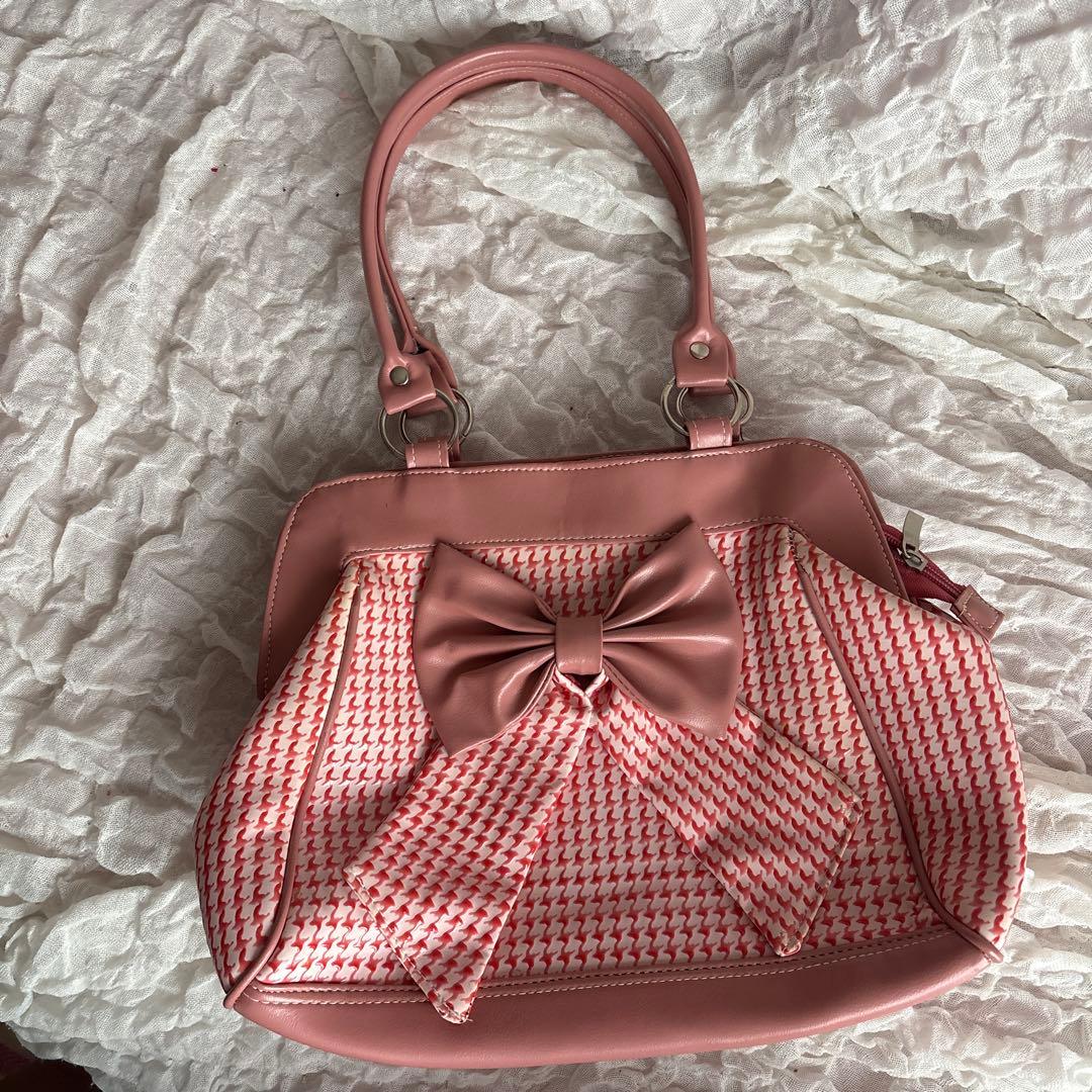 千鳥格子柄 リボン付き ハンドバッグ ピンク — image 2