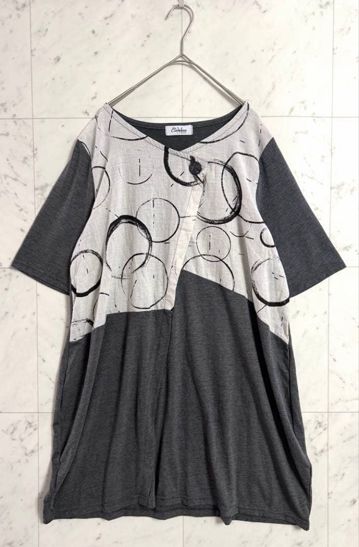 【美品】Carina Mode チュニック M〜L グレー 総柄 切替 ゆったり — image 2