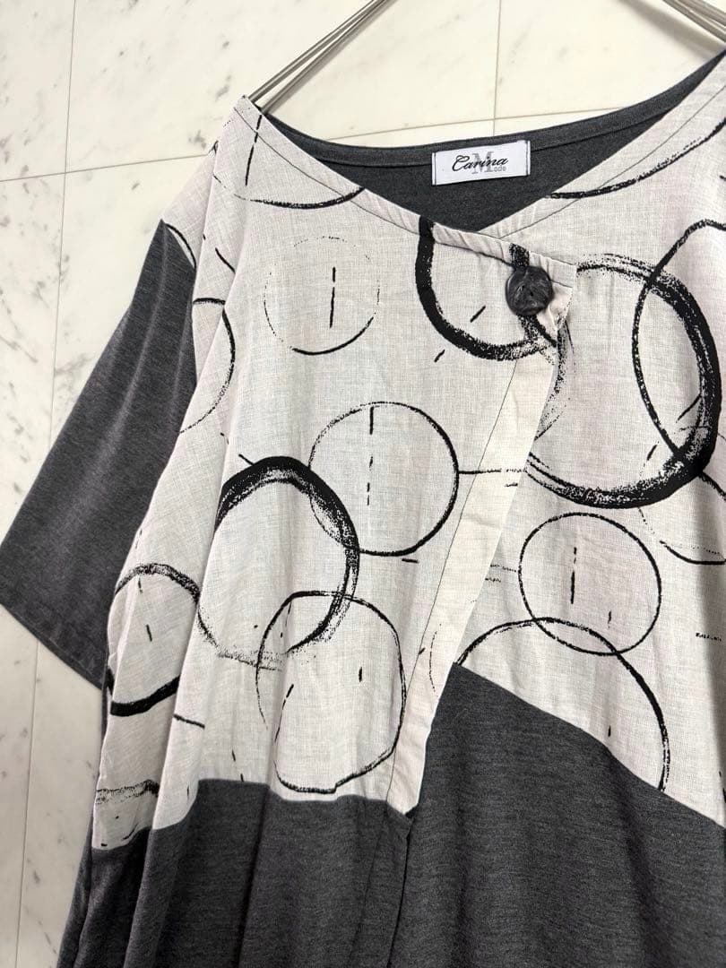 【美品】Carina Mode チュニック M〜L グレー 総柄 切替 ゆったり — image 5