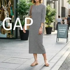 新品タグ付✨️GAP レーヨン混 リブ ボーダー ロングワンピース M 黒×白 — image 1
