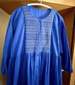 ブルー 刺繍入り 七分袖 ワンピース — image 1