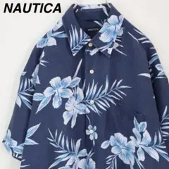 【ボタニカル柄】ノーティカ 半袖シャツ 総柄 花柄 リネン混 XLサイズ 紺色 — image 1