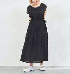 coen コットンボイルウエストギャザーワンピース ブラック — image 1
