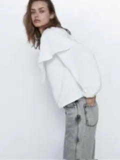 ZARA コントラストポプリントップス　ホワイト　S — image 1