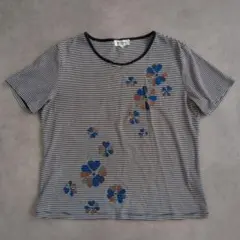 ピエールカルダン ボーダー花柄半袖Tシャツ【L】ネイビー日本製 コットンブレンド — image 1