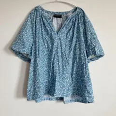 レーンブライアント 花柄 ブラウス Vネック パフスリーブ 3 L 青 綿 海 — image 1