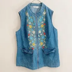 ★カントリーストア 花柄刺繍 デニムベスト L スタンドカラー ノースリーブ — image 1