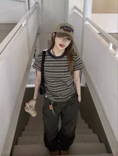 ボーダー 半袖 Tシャツ 刺繍入り — image 1