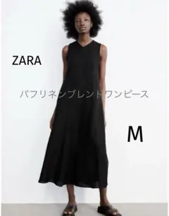 《ZARA》パフリネンブレンドワンピース　ブラック　Mサイズ　麻綿　ノースリーブ — image 1