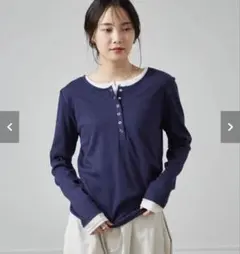 【タグ付】レイヤードヘンリーネックリブTシャツ ネイビー M — image 1