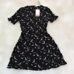 【新品】ZARA 犬 ワンピース 半袖 総柄 サイズS 黒 ブラック — image 1