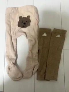 ベージュ クマ刺繍 ベビータイツ レッグウォーマー — image 1