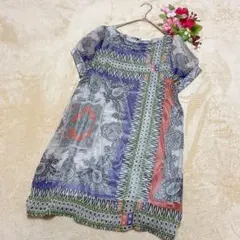 【Weaver ウィーバー】半袖チュニック ワンピース シフォン 総柄 Ｍ — image 1