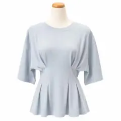 新品タグ付き yon ペプラムトップス サックス FREE 綿100% 半袖 — image 1
