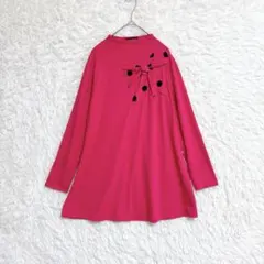【Calabaza】　長袖チュニック　(M〜L) ドットリボン　ピンク　薄手 — image 1