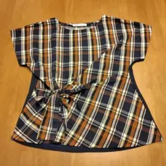 チェック柄切替リボン付き半袖トップス M — image 1
