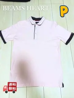 BEAMS HEART 半袖 ポロシャツ L ピンク 袖ボタン 紺ドット — image 1