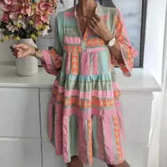 幾何学模様 フレアスリーブ ワンピース — image 1