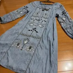 ★美品★ZARA trf 刺繍入り 長袖 チュニック ライトブルー ★L★ — image 1