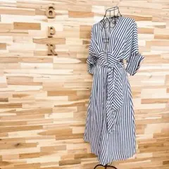 【ザラ】リネン ブレンド ストライプ ロング ワンピース ロールアップ S青×白 — image 1