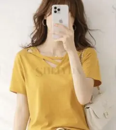 SHLIYDA 半袖 Vネック カジュアル Tシャツ イエロー — image 1