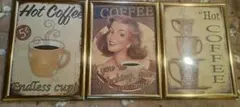 New最安値・3枚セットでお買い得・コーヒーショップカフェ60年代・額入り看板e — image 1
