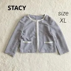 ステイシー　ノーカラージャケット　ホワイト　ネイビー　XL ボーダー　マリン — image 1