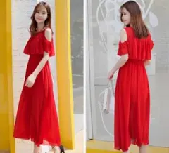 レッド オフショルダー ロングワンピース M　赤　シフォン — image 1