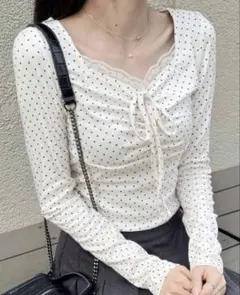 FRIFUL ポルカドット柄 コントラストレース フロントタイ 長袖Tシャツ — image 1