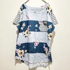 【2XL】 総柄 カットソー 花柄×ボーダー 異素材デザイン チュニック丈 — image 1