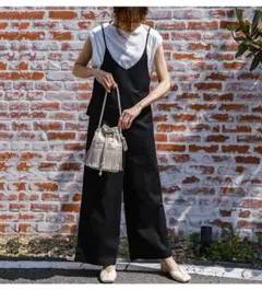 ラジエム【F】バックフリルサロペット 黒 ブラック 無地 リネン混麻混 ゆったり — image 1