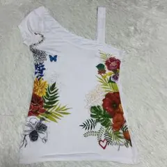Desigual（デシグアル）ホワイトアシンメトリートップス　M ボタニカル柄 — image 1