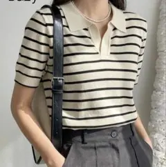 DAZY ボーダー柄 ポロネック 半袖ニット — image 1